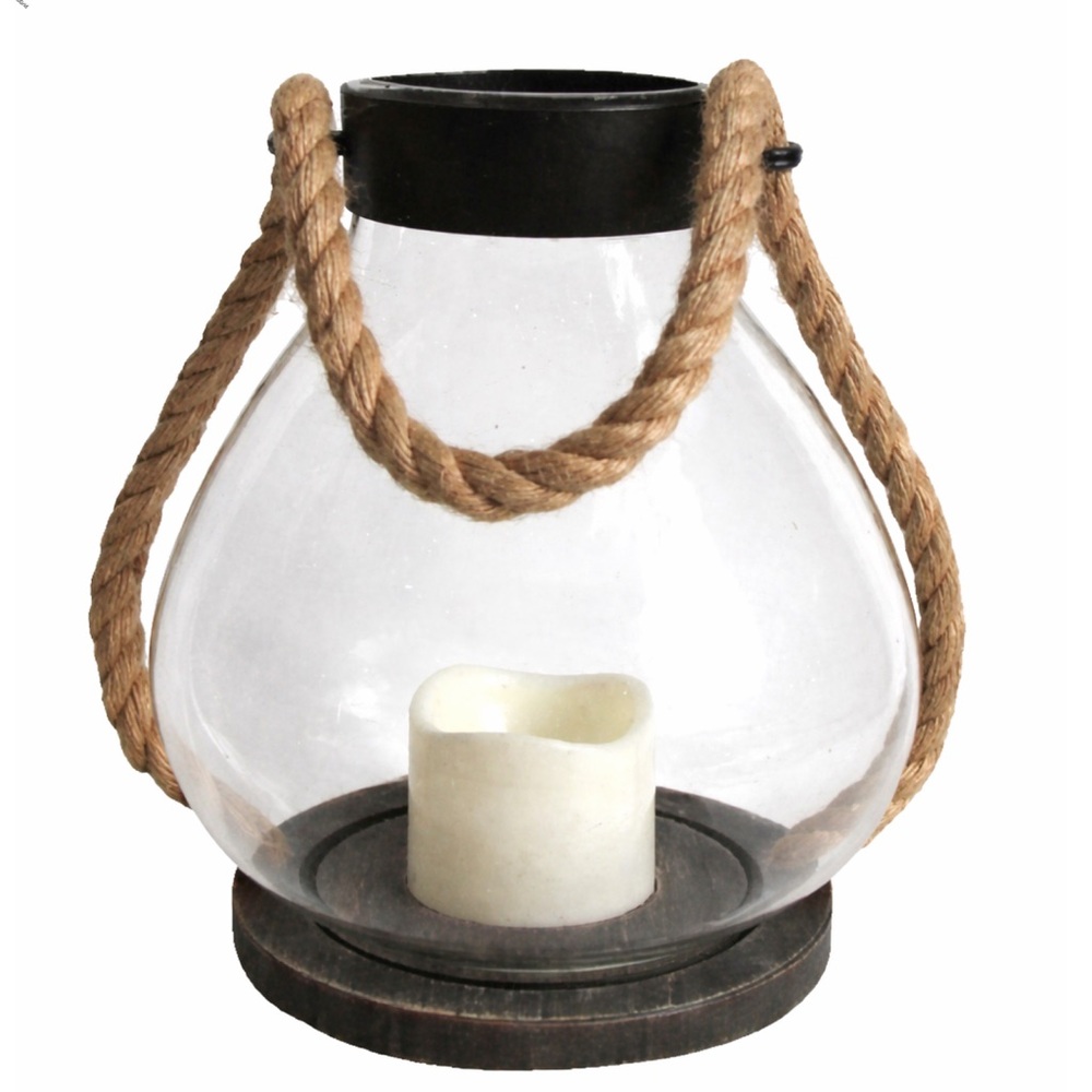 Vintage Style Glass Pedestal Lantern Rope Handle & LED Candle Indoor Outdoor - Picture 6 of 9
